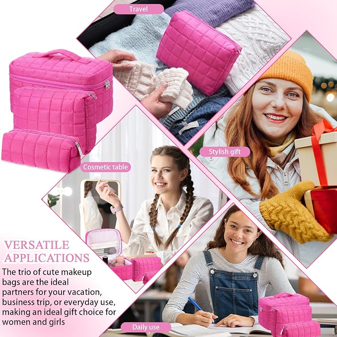 Huhumy 3 Pcs Large Puffy Makeup Bag Set Quilted Cosmetic Pouch for Women Cute Checkered Travel Toiletry Bag Puffer Makeup Organizer Purse Pouch Preppy Pencil Case with Zipper Valentine Gift (Hot Pink)