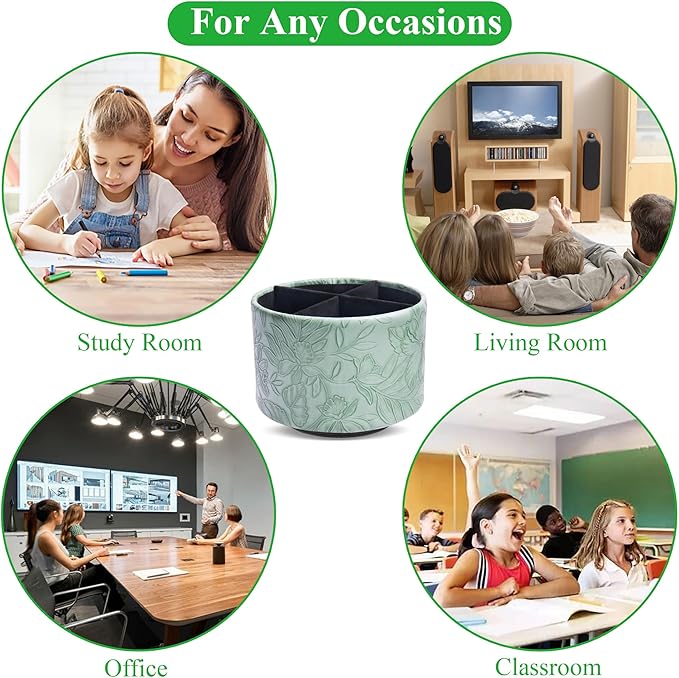 Round Leather Art Supply Organizer,Remote Control Holder,360 Degree Spinning,Multi-Functional Pencil Holder,4 Compartments Desktop Stationary Organizer(1-Carved Dark Green)