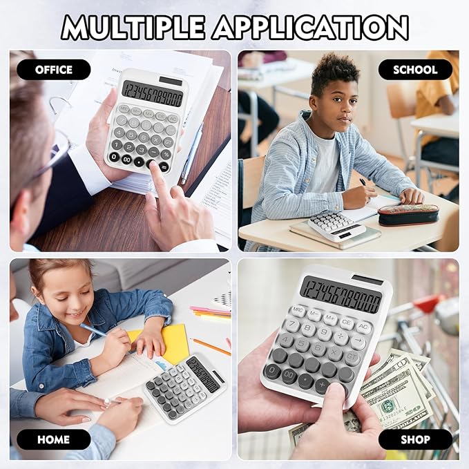 Mechanical Switch Calculator with Big Buttons, Calculators Desktop, 12 Digits, Solar Battery Power, Desk Calculator, Large LCD Display,Cute White Calculators for Teachers Students Basic Office
