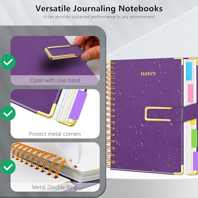 Hardcover Spiral Notebook College Ruled, 6.2"x 8.2" Leather Journal Notebook with Magnetic Closure, 300 Pages 5 Subject Notebook with Dividers Tabs Journal for Women Men, Work, School(Purple)