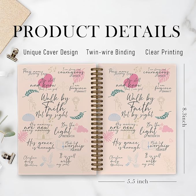 Christian Bible Spiral Notebook for Women, Walk by Faith Not by Sight Journal Notebook, Inspirational Christian Notebooks for School Work, Bible Scripture Office Supplies Gifts for Girls,5.5x8.3