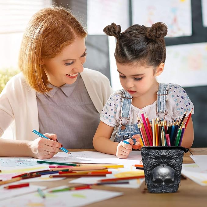 Skull Kids Standing Pencil Case Girls Boys Telescopic Stationary Pouch with Zipper Large Capacity Stand up Pen Bag Portable Makeup Holder for Children School Students Office Supplies