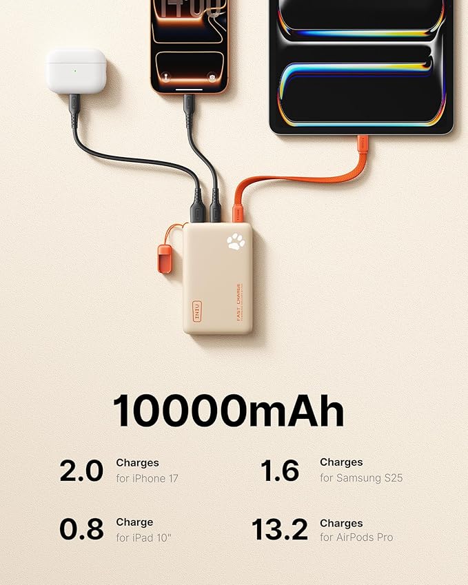 INIU 45W Fast Charging Portable Charger, 40% Smaller 10000mAh with Detachable Cable, Flight-Safe Travel Power Bank, USB C External Phone Battery Pack for Women, Girls, Daily Commute, Gift, Beige
