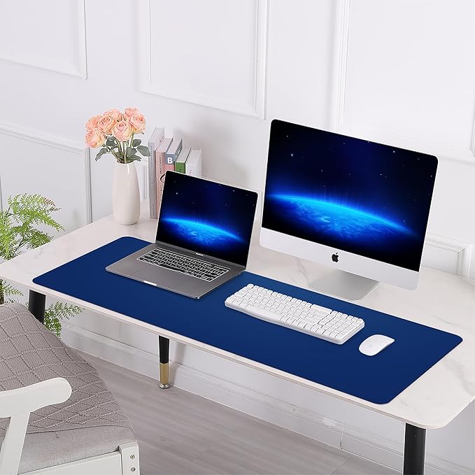 AFIING Cork Desk Mat 35.4" x 17", Dual-Sided Natural Cork & PU Leather Desk Pad, Non-Slip Waterproof Large Mouse Pad for Office, Home & Gaming (Sapphire Blue)