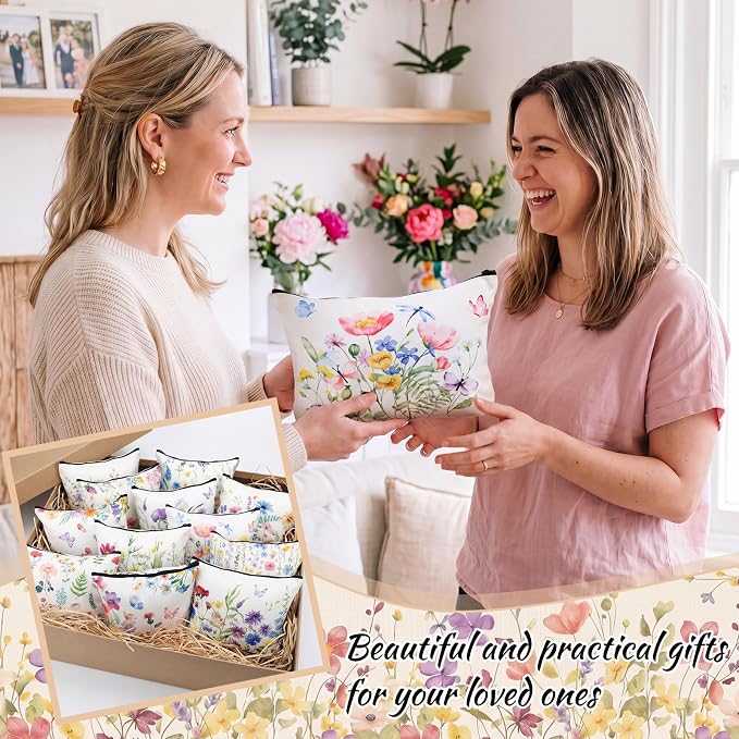 Reginary 12 Pcs Wildflower Makeup Bags Spring Summer Floral Cosmetic Bags with Zippers Flower Butterfly Pouch Bulk Appreciation Gifts for Women Teacher Wedding Birthday Travel Party Supplies