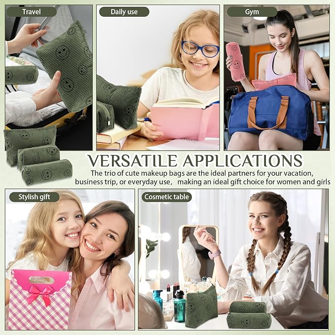 Huhumy 3 Pcs Makeup Bag Set for Women Corduroy Cosmetic Pouch Aesthetic Smile Travel Toiletry Bag Cute Purse Pouch Pencil Case Makeup Brushes Storage Organizer with Zipper(Army Green,Smile Face)