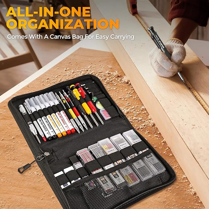 Nicpro 39 Pack Carpenter Pencils with Sharpener, Mechanical Carpenter Pencil Set with 102 Refills, Long Nib Marker Pens, Carbide Scribe Tool & Construction Pencils for Architect Woodworking with Case