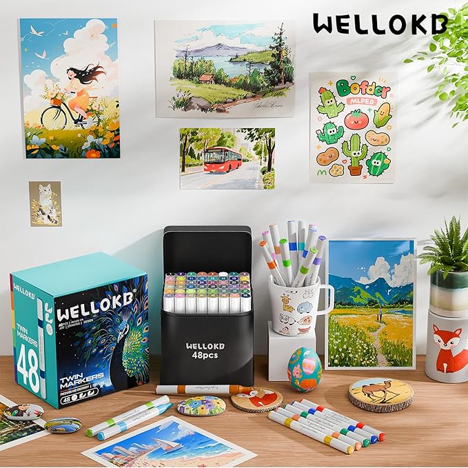 WELLOKB 80 Colors Dual Tip Acrylic Paint Markers, Fabric Markers, Brush Tip Permanent Acrylic Paint Pens for Wood, Glass, Rocks, Paper, Coloring book,Ceramic,DIY Crafts for Adults (48, Brush&Fine)