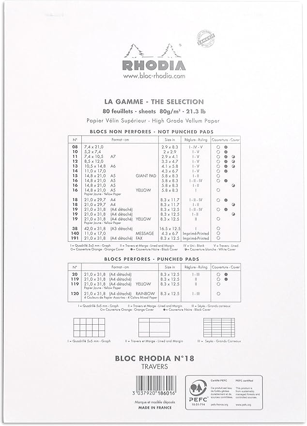 Rhodia Notepad, No18 A4, Lined - White, 8 1/4"" x 11 3/4""" (18601C)