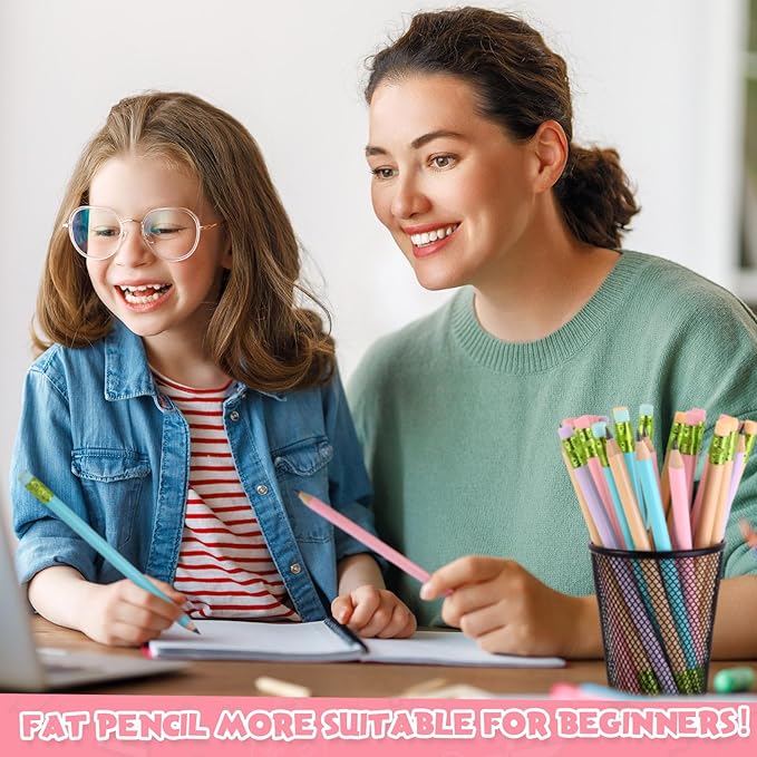 Fainne 102 Pieces Jumbo Pencils Set for Kids Toddlers 96 Thick Fat Large Pencils with Erasers 6 Sharpeners Bulk for Preschool Kindergarten Elementary School Classroom(Macaron Colors,Round)