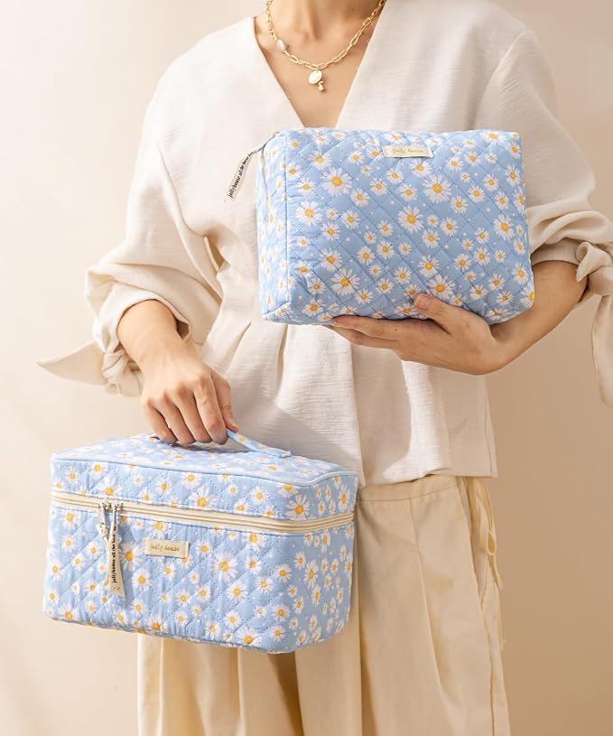HBselect Quilted Makeup Bag, 3Pcs Cotton Large Travel Makeup Bags Organizer | Cute Floral Make up Bag Cosmetic Bag Toiletry Bag for Women Girls, Makeup Pouch for Skincare, Brushes & Travel Essentials