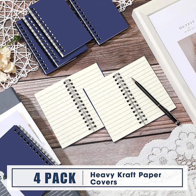 Jutom 4 Pcs Small Spiral Notebooks Memo Pads 3x5 Bulk Small Pocket Notebooks Mini Notepads with Lined Pages Mini Journals for Office School Work Supplies, 120 Pages (Dark Blue)
