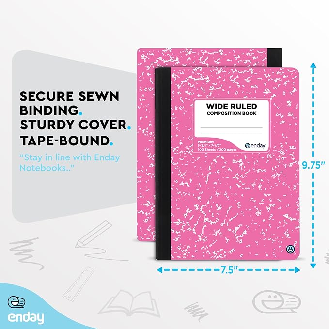 Emraw Composition Notebooks Wide Ruled Paper, Colored Marble Composition Notebook Covers, 100 Sheets (200 pages) Composition Books, Marble Notebooks Wide Ruled, Pink -Red -Grey -Green – by Enday