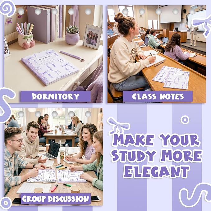 Fullhawl 6 Pack Composition Notebook College Ruled Bulk Light Purple Bow Composition Notebook Preppy Lavender Aesthetic for Back to School Supplies 110 Pages 9-3/4 x 7-1/2" for First Day of School