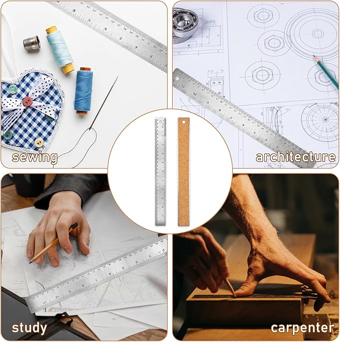 Stainless Steel 12 Inch Metal Ruler with Cork Backing - Non Slip Straight Edge Ruler with Inch and Centimeters for Students