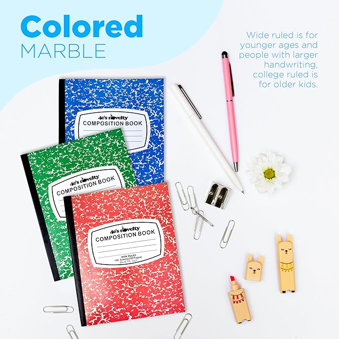 4E's Novelty Wide Ruled Composition Notebooks - Pack of 3-100 Sheets 9.75" x 7.5" - Hard Cover Red Blue Green Cute Marble Colors, Bulk Compositon Book Wide Ruling, Back to School Supplies