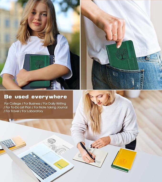 Biuwory Lined Pocket Journal Notebook for Women Men, 140 Pages A6 Leather Journals for Writing, Travel, Work, 3.7"×5.7" Mini Notebook, Hardcover Small Notebooks for Note Taking, Diary Notepad (Green)