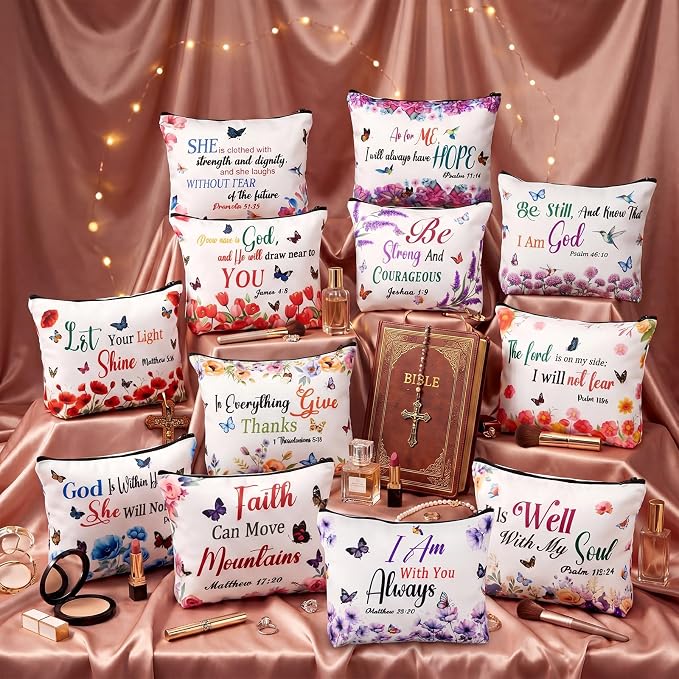 Reginary 12 Pcs Christian Makeup Bags Bulk, Inspirational Bible Verse Cosmetic Bags with Zipper, Floral Canvas Pouch, Christian Gifts for Women Teacher Nurse, Mother's Day Theme Travel Party Supplies