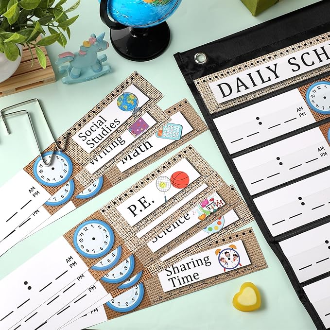 Chiisong Daily Schedule Pocket Chart, 14+1 Pocket, with 40 Pcs Reusable Dry Eraser Cards Calendar for Classroom Toddler Schedule Chart Office Home Activity(Burlap Style)