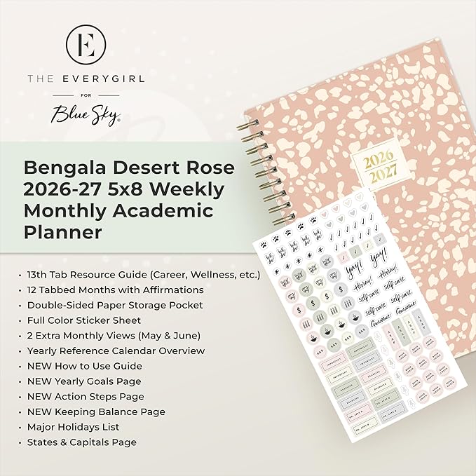 Blue Sky The Everygirl 2026-2027 Weekly and Monthly Academic Year Planner Calendar, July 2026 - June 2027, 5" x 8", Flexible Cover, Wirebound, Laminated Tabs, Storage Pocket, Includes Stickers, Bengala Desert Rose