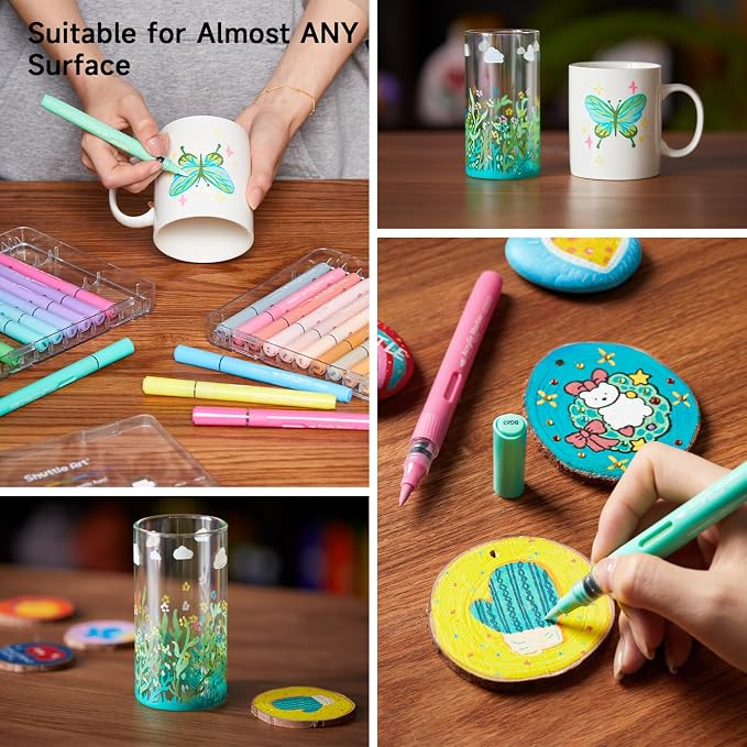 Shuttle Art Automatic Ink Control Acrylic Paint Markers, 24 Pastel Colors Brush Tip Acrylic Paint Pens for Rock Painting, Ceramic, Wood, Canvas, Glass, Stone, Fabric, Card Making, DIY Football Crafts