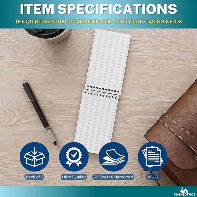 1InTheOffice Wirebound Memo Pads, 4" x 6", College, Assorted, 50 Sheets/Pad, (5 Pads)