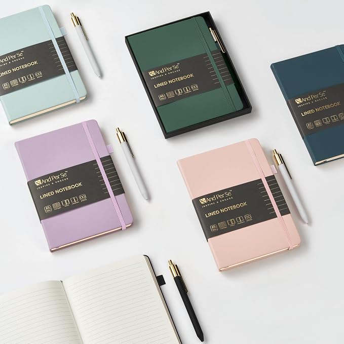 &And Per Se Lined Journal with Pen Set, A5 Leather Hardcover Notebook and Pen, 160 Pages 100GSM Thick Ruled Paper Journal for Writing (Pink)