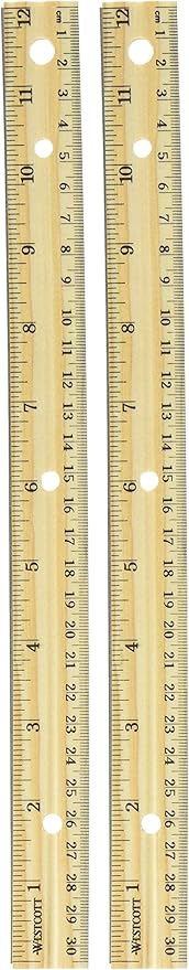 Westcott Hole Punched Wood Ruler English and Metric with Metal Edge, 12 Inches, 2 Packs
