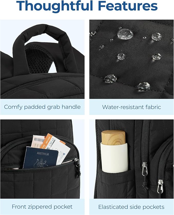 BAGSMART College Laptop Backpack, Travel Backpack for Women, Quilted Casual Daypack, Water-Resistant Bookbag for 15.6 Inch Laptop, Black