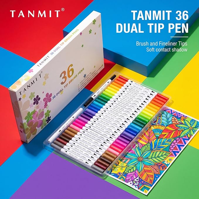 36 Dual-Tip Brush Pens for Adult Coloring Books – Tanmit Art Markers With Brush + Fine Precision Tips for Calligraphy, Planners, Journaling, Note Taking & More