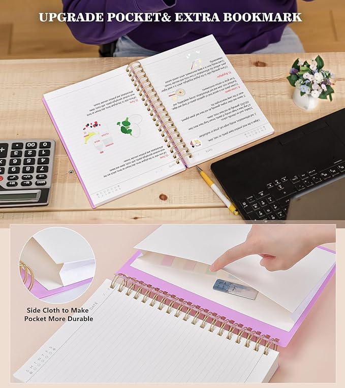 MUAHLIUB Spiral Notebook Journal College Ruled, 360 Pages Lined Thick Journals for Women Men, B5 Big Notebooks with 100GSM Paper, Spiral Bound Journaling for Writing Work School Purple 7.6"×10"