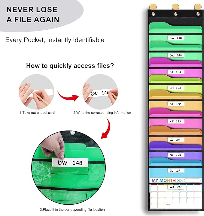 ABCxGOOD 10 Pockets Hanging Wall File Organizer, Transparent Clear Pockets Storage Chart with Over Door Hooks for Office, Classroom & Home, File Folder & Paper Organizer, Includes Labels (10 Pockets)