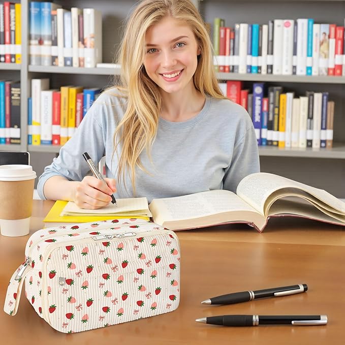 WOBAGMEN Cute Pencil Case,Large Corduroy Zippered Pencil Case Pouch, aesthetic Pencil Bag with Compartments, Pencil Pouch School Supplies (HY-corduroy pc-strawberry)