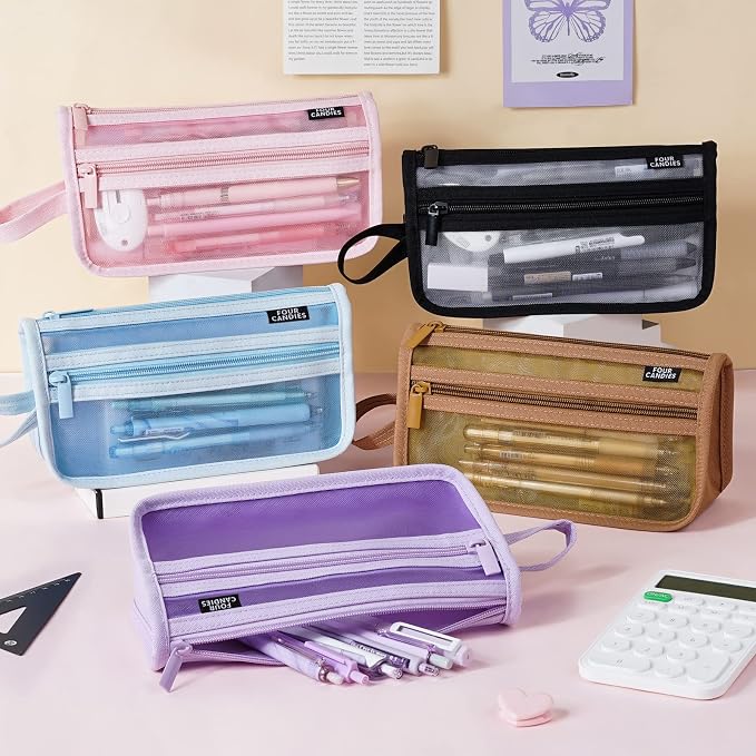 Four Candies Grid Mesh Pencil Case, Clear Double-layer with Handle (Pink) | Smooth Zipper, Transparent Pencil Pouch, Cute Stationary, Makeup Bag, Travel Friendly, for Adult Office College