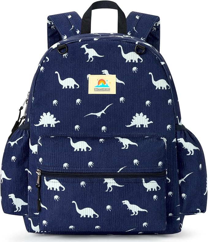 STEAMEDBUN Corduroy Kids Backpack for Boys and Girls 5-8: Boys Backpack for Elementary Kindergarten - 15 inch Cute Backpacks for Kids - Dinosaur
