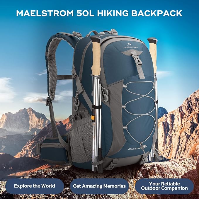 Maelstrom 50L Hiking Backpack, Lightweight Camping Daypack with Rain Cover | Water-Resistant Rip-Stop Nylon, Wet/Dry Separation, Multi-Pockets, Survival Whistle. Ideal For Men, Women, Travel, Trekking