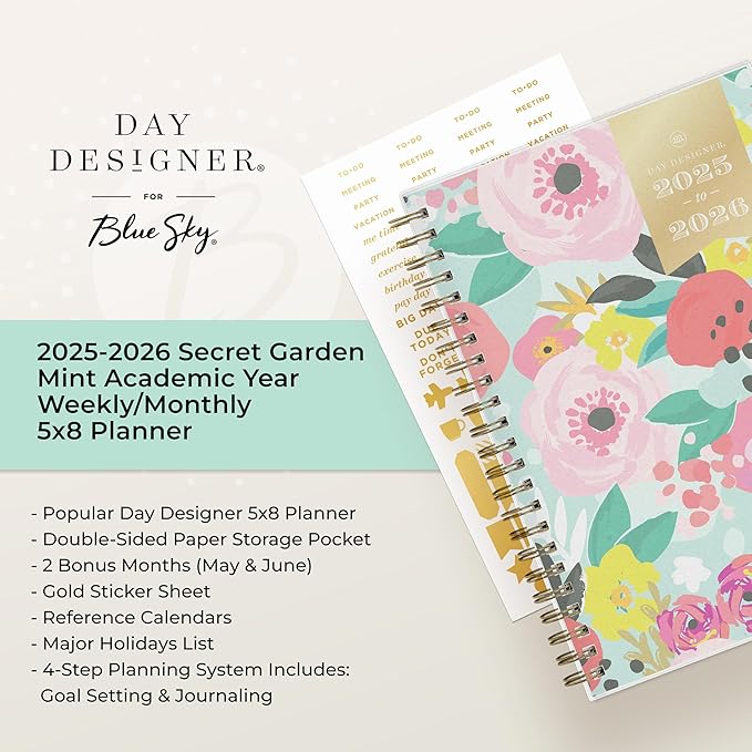 Blue Sky Day Designer 2025-2026 Weekly and Monthly Academic Year Planner Calendar, July 2025 - June 2026, 5" x 8", Flexible Cover, Laminated Tabs, Storage Pocket, Includes Stickers, Secret Garden Mint