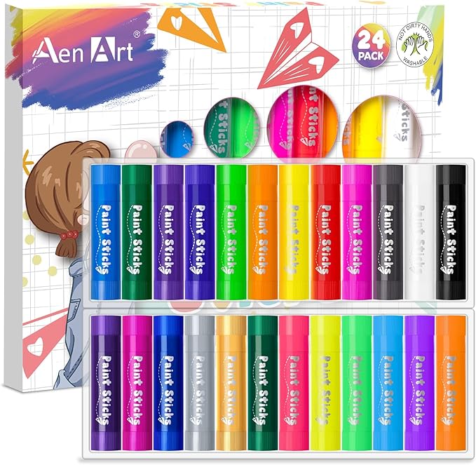 Aen Art Paint Sticks, 24 Colors Solid Tempera Paint Sticks for Kids, Quick Drying Washable Paint for Students, Kids