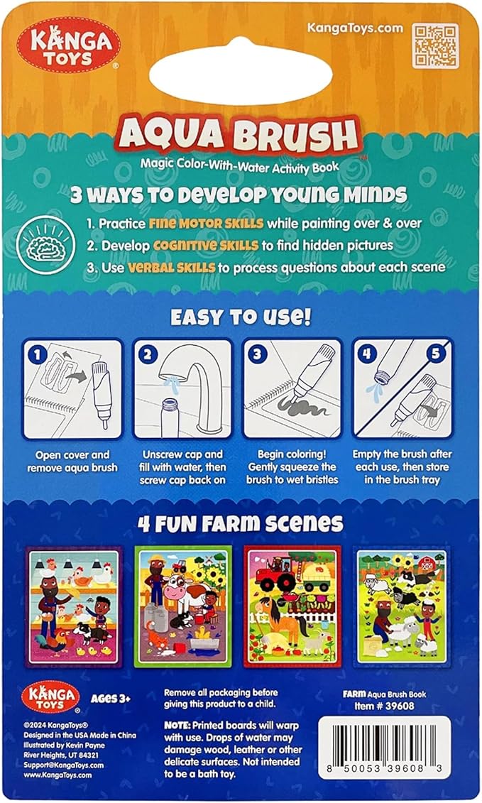 KangaToys Fun on The Farm Aqua Brush Activity Book - Reusable Water Coloring for Kids - Mess-Free Travel-Friendly Fun