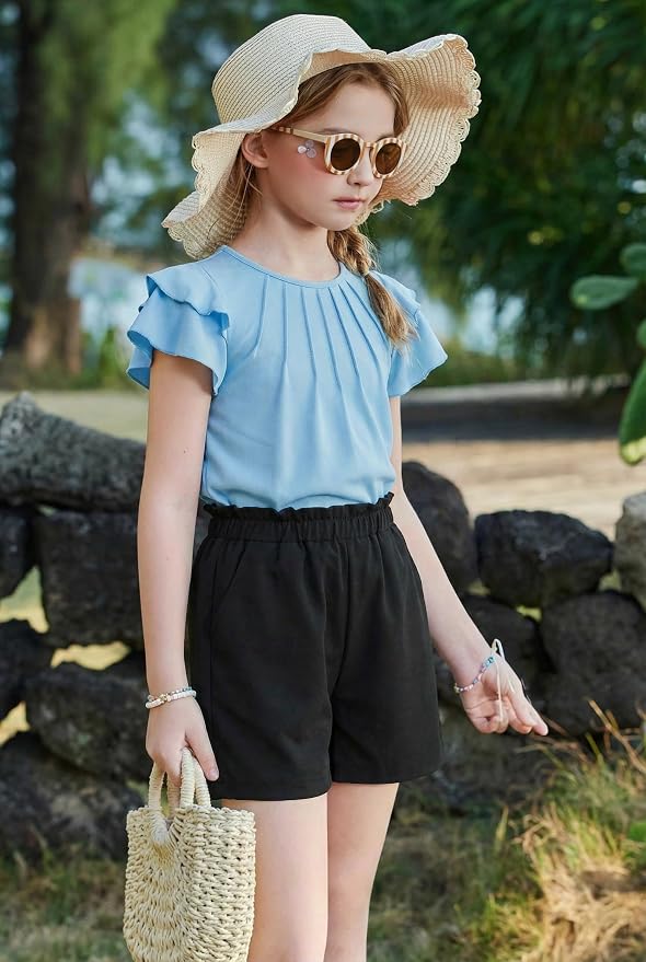 Arshiner Girls 2 Piece Outfits Summer Ruffle Sleeve Top and Paperbag Waist Shorts Set with Pockets Size 5-13 Years