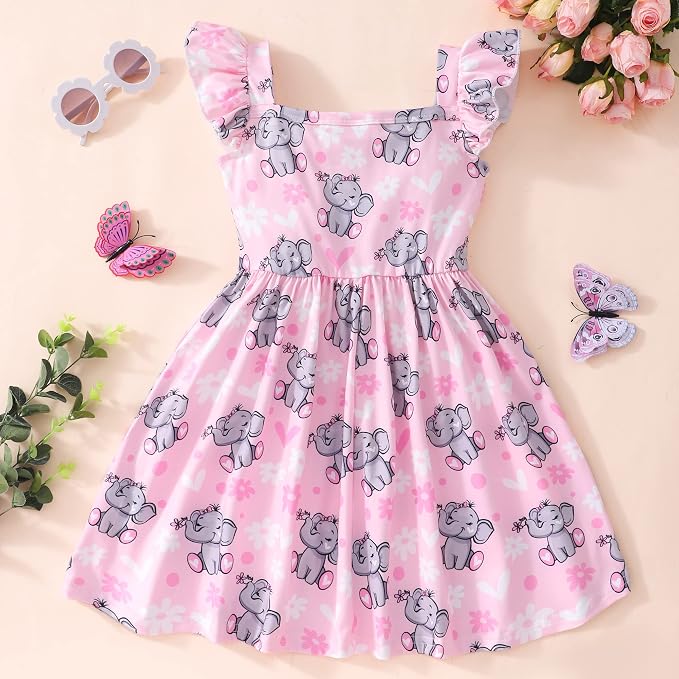 Popshion Girls Dresses Flutter Sleeve Swing Sundress Toddler Summer Clothes Kid Birthday Party Sleeveless Dress 1-8 Years Old