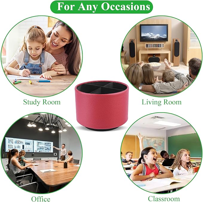 Round Leather Art Supply Organizer,Remote Control Holder,360 Degree Spinning,Multi-Functional Pencil Holder,4 Compartments Desktop Stationary Organizer(1-Lichee Red)