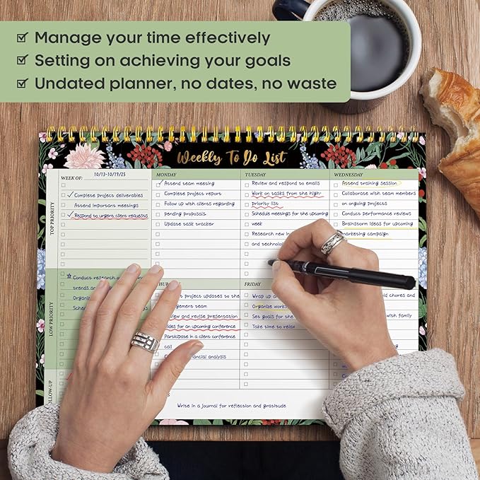Taja Weekly To Do List Notepad with 52 Undated Sheets(8.5"×11")- Weekly Desk Planner for Women & Man, Work and Home - 1 Pack Forest Bloom