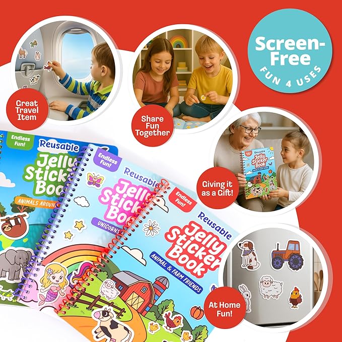 Reusable Jelly Sticker Book - Farm, 7 Scenes - 50 Thick Washable Stickers for Toddlers & Kids: Animals Stickers for Kids, Gift for Ages 3-5 Years Old - Toddler Travel Toys 2-4, Road Trip Activities