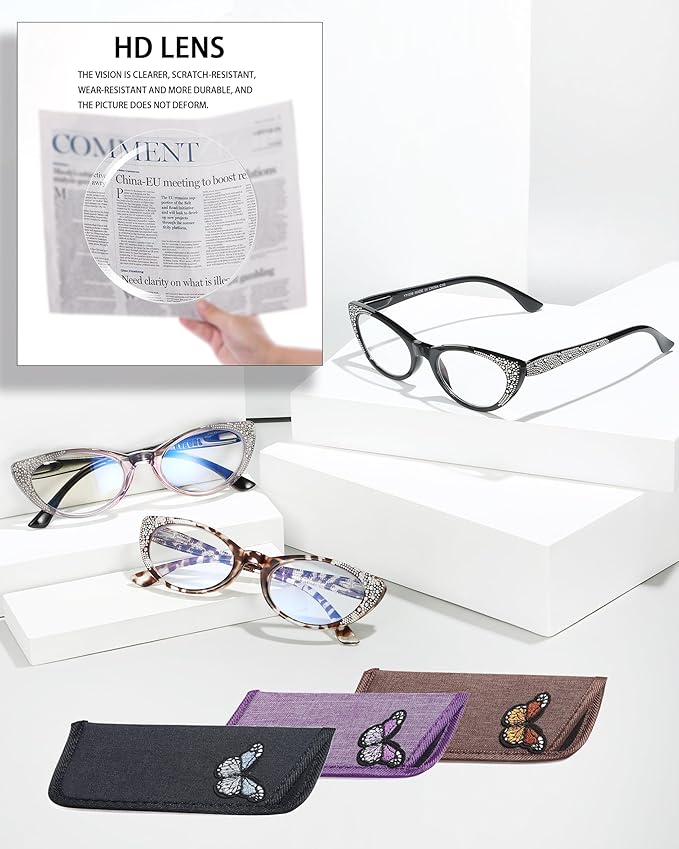 EYEURL 3-Pack Cat Eye Reading Glasses for Women Blue Light Glasses Fashion Computer Readers with Spring Hinge Anti-Glare Readers for Women 1.0