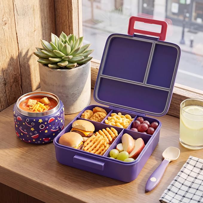MAISON HUIS Bento Lunch Box with 8oz Soup Thermo, 5-Compartment Leak-Proof Container, Thermo Hot Food Jar and Insulated Lunch Bag, BPA Free,Travel, School (Darkblue)