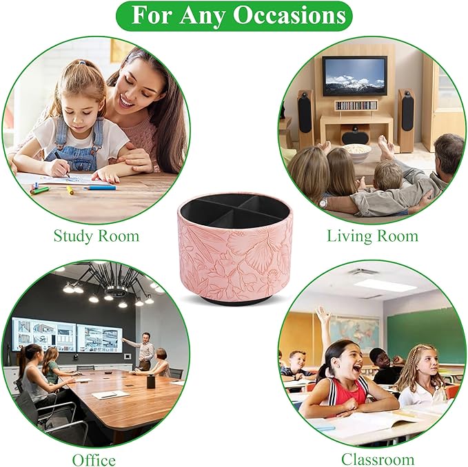 Round Leather Art Supply Organizer,Remote Control Holder,360 Degree Spinning,Multi-Functional Pencil Holder,4 Compartments Desktop Stationary Organizer(1-Carved Pink)