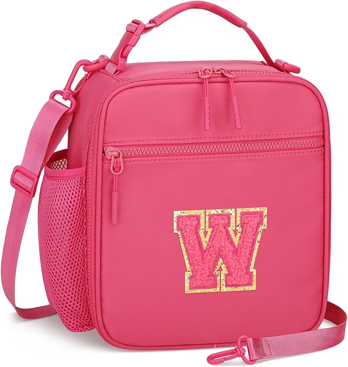 Initial Insulated Lunch Bag for Girls Kids, Back to School Gift, Reusable Leak-proof Lunch Box with Adjustable Strap for School Daycare Travel Picnic (Rosy Red,W)