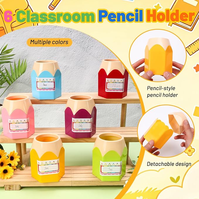 6 Pack Colorful Back to School Pencil Holders for Teacher Classroom Decor | Colorful Back to School Pencil Holders with Name Stickers, Perfect for Teacher Classroom Decor and Desk Organization