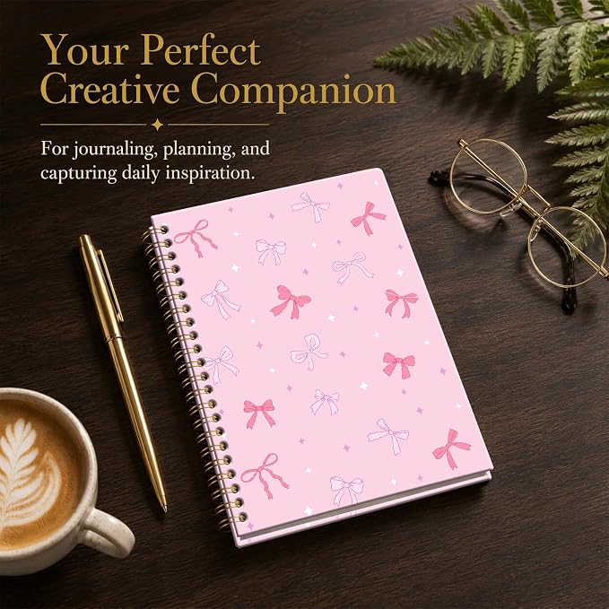 ATJFKIXL Cute Spiral Journal Notebook, A5 120 Page College Ruled Wirebound Notebook, Soft Cover for Students Office Notes and Planning - Pink Bow Sparkle